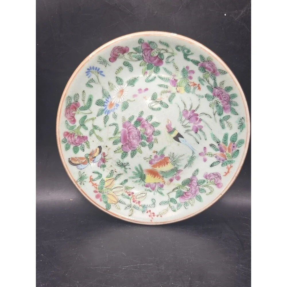 Antique Chinese Celadon Canton Famille Rose Plate 7